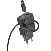 Hoco Mrežni polnilnik za telefon Hoco USB-A + USB-C QC3.0 PD 3A 30 W + kabel USB-C na Lightning N63, črn