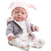 Lutka-beba Paola Reina Los Bebitos - Bebita, sa sivom trenirkom s kapuljačom i kapom s ušima, 45 cm