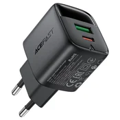 Stenski 25W polnilec Acefast A114 z digitalnim prikazovalnikom, GaN, 1x USB-A, 1x USB-C - black