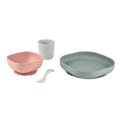 Set za jelo Beaba Silicone meal set od silikona 4-dijelni ružicasti, bež i sivi za bebe