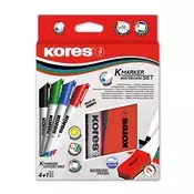Set flomastera za ploču i flipchart s magnetskim gumom za brisanje, 3-5 mm, rezan, KORES XW2, 4 različite boje 20865