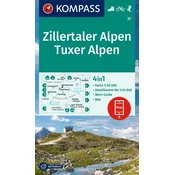 shumee Zillertalske Alpe, Tuxerske Alpe / Zillertalske Alpe. Vodoodporni pohodniški zemljevid 37. izdaja 2024. Kompass