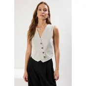 Trendyol Limited Edition Brown Crop Fitted Button Detailed Woven Linen Look Vest