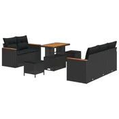 vidaXL 8-delni set vrtnih sofa z blazinami Črna Poli ratan Akacija