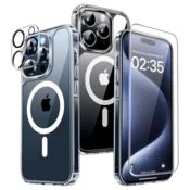 TAURI ovitek z magnetnim obročem + zaščita kamere za iPhone 15 Pro Max – prozoren