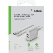 Belkin Dual USB-A Punjac, 24W incl. USB-C Cable 1m, white