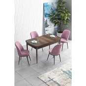 Hanah Home trpezarijski set Han, sto na razvlacenje i 4 stolice, ploca u dekoru drveta Baroque, roze tkanina Jerry