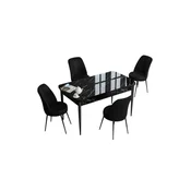 Hanah Home trpezarijski set Han, sto na razvlacenje i 4 stolice, ploca u dekoru crnog mermera, crna tkanina Jerry