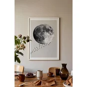 WallXpert uramljena slika 115210, crno-beli Mesec i jato ptica na svetlosivoj pozadini, 30 x 40 cm, beli ram