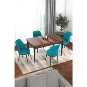 Hanah Home trpezarijski set Via, sto na razvlacenje i 4 stolice, ploca u dekoru drveta Baroque, tirkizna tkanina Jerry