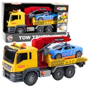 Kamion za igro šleper s kranom za transport avtomobilov + avto - rumena/modra