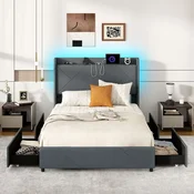 Costway Posteljni okvir Twin Size z oblazinjeno platformo LED lučmi polnilno postajo 2 žepoma za shranjevanje 4 predali siva