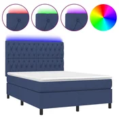 Greatstore Box spring postelja z vzmetnico LED modra 140x200 cm blago