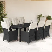 9-dijelni vrtni blagovaonski set s jastucima crni od poliratana Crna 190 x 90 x 75 cm