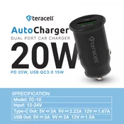 Auto punjac Teracell Evolution TC-10 PD 20W, USB QC3.0 15W sa Type C kablom crni