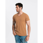 OMBRE Moška klasična bombažna majica BASIC z V-izrezom rjave barve MDN126094 S