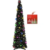 Umetna smreka Pop Up osvetljena božična dekoracija 150 cm črna, LED lučke z 8 načini, napajanje na baterije, višina 150 cm, premer osnove 33 cm, jekleno ogrodje, PP osnova, hitra montaža, kompaktno