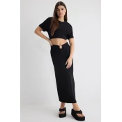 Trendyol Black Waist Buckle Detailed Flowy Fabric Midi Skirt