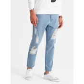 Ombre Mens TAPERED FIT denim pants with holes - light blue