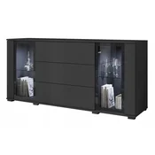 150 cm komoda za dnevno sobo, vitrina s steklenimi predali, mat črna z LED osvetlitvijo