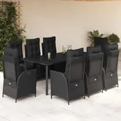 9-dijelni vrtni blagovaonski set s jastucima crni od poliratana Crna Dužina stola 200 cm