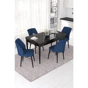 Hanah Home trpezarijski set Nef, sto na razvlacenje i 4 stolice, ploca u dekoru crnog mermera, teget tkanina Jerry