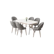 Hanah Home trpezarijski set Jita, sto i 6 stolica, ploca u dekoru belog mermera, hromirane noge, siva tkanina Babyface