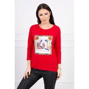 Blouse with 3D graphics and decorative pom pom red