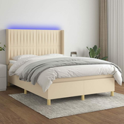 Greatstore Box spring postelja z vzmetnico LED krem 140x190 cm blago