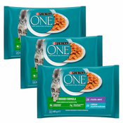 PURINA ONE INDOOR s tuno in stročjim fižolom v soku in s teletino in korenjem v soku 12 x 85 g