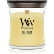 Woodwick Yuzu & Vetiver dišeča sveča z lesenim stenjem 275 g
