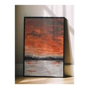 WallXpert uramljena slika 115217, apstraktni zalazak sunca nad morem u narandžastim tonovima, 30 x 40 cm, crni ram
