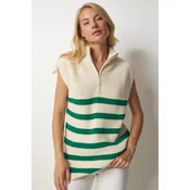 Happiness Istanbul Womens Cream Green Zippered Collar Striped Sweater