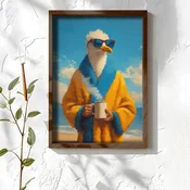 WallXpert uramljena MDF slika NAL136-70, galeb sa naocarima u bademantilu drži šolju na plaži, 50 x 70 cm