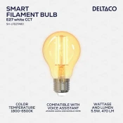 DELTACO SMART HOME LED Filament Žarulja E27, WiFi 2.4GHz, 5.5W, 470lm, 1800K-6500K, 220-240V
