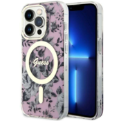 Originalni GUESS ovitek Flowers GUHMP14LHCFWSP z Magsafe za iPhone 14 Pro - roza