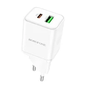 Borofone BN7 stenski polnilec USB + USB-C – QC 3.0/PD 20W – Bela
