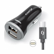 Aligator Avtomobilski napajalnik Aligator 2xUSB, pametni IC, 3, 4A + kabel USB-C - črn