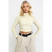 Trend Alaçati Stili Womens Cream Turtleneck Corded Basic Crop Body Blouse