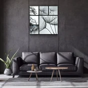 WallXpert slika na kaljenom staklu Kgls_1062, kolaž crno-belih fotografija semena maslacka, 80 x 80 cm