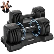 SPORTNOW Set 2 ročnih uteži nastavljivih 2/4.5/7/9/11 kg 5 v 1, uteži za telovadnico s sistemom quick-dial, podstavki za podporo, ročaj protizdrsen, varno zaklepanje, vadba fitnes dom telovadnica, črna