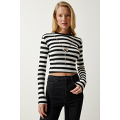 Happiness Istanbul Womens Black and White Detachable Necklace Striped Crop Knitted Blouse