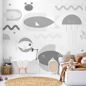 Foto tapeta - Minimalist grey ocean - geometric fish in water for children 500x350 Premium