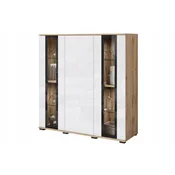 Moderna, visoka vitrina 120 cm z Wotan/sijajno belo zasteklitvijo in LED osvetlitvijo