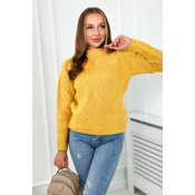 Diamond mustard sweater draped over the head