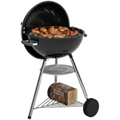 OUTSUNNY Barbecue carbonella okrogel kotlič, BBQ carbonella prenosni s pokrovom, rešetka O53.5cm, 2 škatle oglja, polica, termometer, zračniki nastavljivi, pepelnik, ročaji, kolesa za vrt