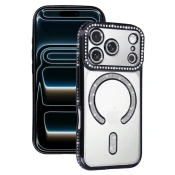 Silikonski ovitek Luxury MagSafe za iPhone 17 Pro - prozorno črna z bleščicami