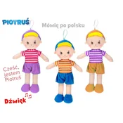 Košarasta lutka Piotrus 32 cm na baterije poljsko govoreča - mešanica barv (modra, vijolična, oranžna)