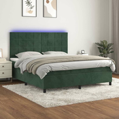 Vidaxl Box spring postelja z vzmetnico LED tem. zelena 160x200cm žamet