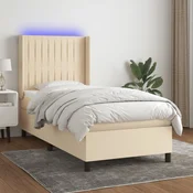 Greatstore Box spring postelja z vzmetnico LED krem 100x200 cm blago